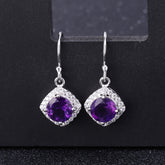 Natural Amethyst Soleste Halo Round Shape Silver Drop Earrings for Women